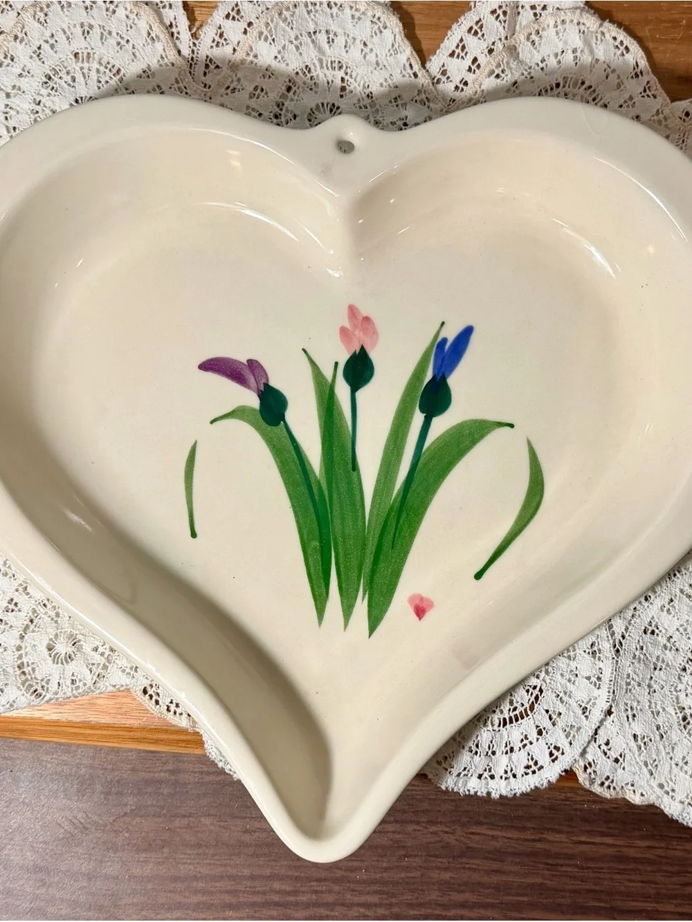 Vintage 1990 Heart-Shaped Ceramic Wall Plate with Hand-Painted Floral Design